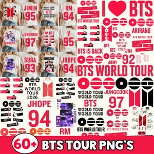 Puede incluir: Una colección de camisetas blancas con los nombres y números de los miembros de la banda BTS, junto con gráficos de la gira. La imagen también incluye varios gráficos PNG con temática BTS en rojo y negro, y el texto "60+ BTS TOUR PNG'S".