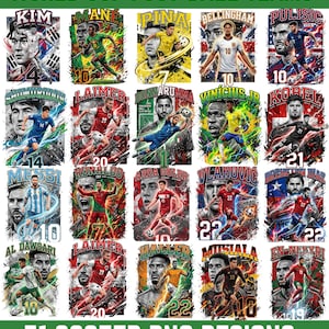 May include: A collection of 18 soccer player portraits with team names and numbers, set against colorful backgrounds. The text "WORLD CUP FOOT-BALL TEAMS" and "51 SOCEER PNG DESIGNS" are displayed in green and white.