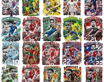 May include: A collection of 18 soccer player portraits with team names and numbers, set against colorful backgrounds. The text "WORLD CUP FOOT-BALL TEAMS" and "51 SOCEER PNG DESIGNS" are displayed in green and white.