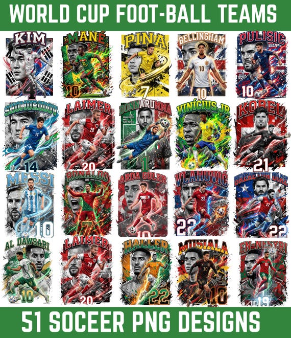 51+ World Cup Teams Football Soccer Png Bundle - DTF & DTG PNG Files | A2 A3 A4 T-Shirt Graphics Streetwear Halftone Digital Download