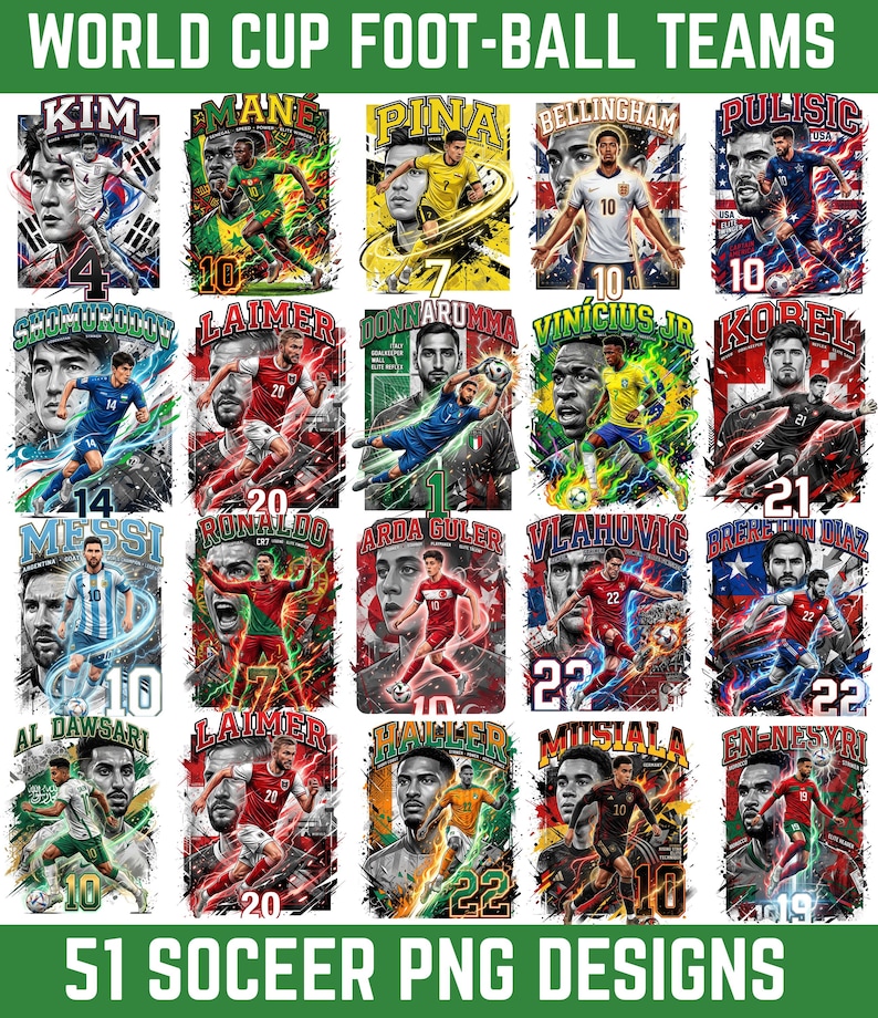 May include: A collection of 18 soccer player portraits with team names and numbers, set against colorful backgrounds. The text "WORLD CUP FOOT-BALL TEAMS" and "51 SOCEER PNG DESIGNS" are displayed in green and white.