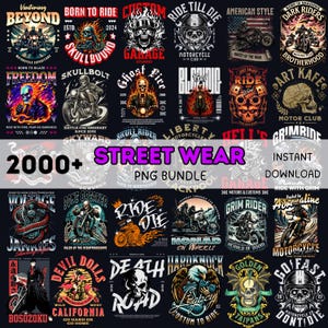 Può includere: Una collezione di grafiche a tema motociclistico, con teschi, motociclisti e vari slogan. I disegni sono in stile vintage, con colori vivaci e illustrazioni dettagliate. Il testo include "Street Wear" e "PNG Bundle".