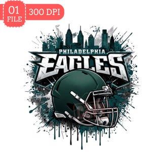 Pode incluir: Um design gráfico apresentando um capacete de futebol americano verde-escuro em frente à silhueta estilizada do horizonte da Filadélfia. O texto Philadelphia Eagles é exibido em letras metálicas em negrito acima do capacete, com respingos de tinta.
