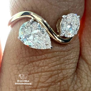 Floating Solitaire Ring Pear & Round Cut Lab Diamond IGI Certified Engagement Curve Band Ring 14K Solid Gold Toi et Moi Ring