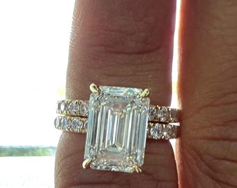 3ct Emerald Cut Lab-Grown Diamond Bridal Set Ring, Hidden Halo Ring Wedding Matching Band Ring