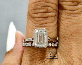 Unique 3CT  Emerald Cut Lab Grown Diamond Wedding Ring Set, Anniversary Promise Bridal Ring Set, Round Bezel Set Wedding Band,IGI Certified