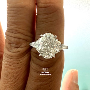 4ct Oval Cut Lab Grown Diamond Engagement Ring Side Half-Moon & Baguette Lab Diamond 14k White Gold , Five Stone Ring