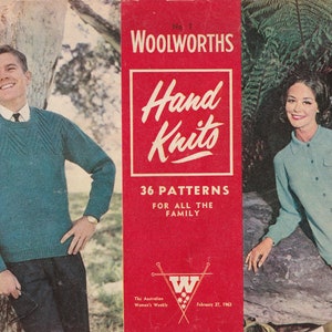 May include: A red and white magazine cover with the title "Woolworths Hand Knits" and the text "36 Patterns for all the family". The cover features a man and a woman wearing knitted jumpers.