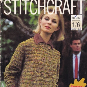 May include: A vintage knitting pattern for a brown, green and yellow country jacket. The pattern is called "Bracken for Autumn" and is available in four sizes. The pattern is from Stitchcraft magazine, issue 1/6, November 1963.