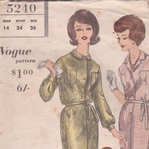 On Sale - 1960s Vogue Sewing Pattern for Womens One Piece Dress Size 14, Bust 34 inch, Hip 36 inch, Pattern No 5240, Cut, Complete.