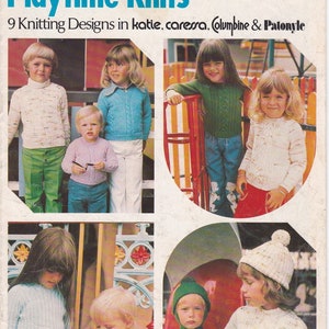 May include: A vintage knitting pattern book titled "Playtime Knits" with a beehive logo and the text "Patons Book 481". The cover features nine knitting designs for children, including sweaters, hats, and scarves. The designs are shown on children wearing the knitted items in a variety of settings.