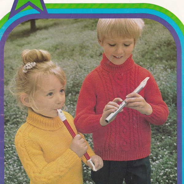 On Sale - Childrens Wonderland in Jet & Skol Knitting Designs Vintage 1970s - Knitting Pattern No 971, Jumpers, Sweaters, Jacket, Hat