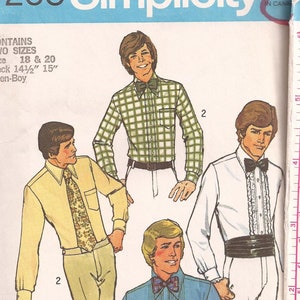 May include: A sewing pattern for a shirt with two different styles. The pattern includes instructions for a plaid shirt and a formal shirt with a ruffled collar. The pattern is for sizes 18 and 20, with a neck size of 14 1/2 inches or 15 inches.