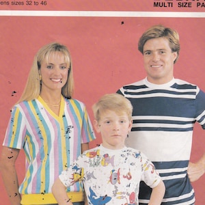 1980's Sewing Pattern - BevKnits 3001 Family T-Shirt  Size 2-12 Children, 8-22 Women, 32-46 Men,  Factory folded and complete