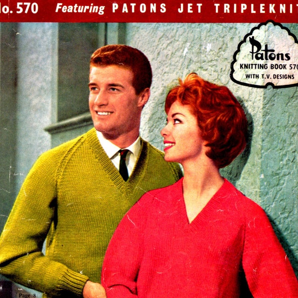 On Sale - Paton's Knitting Pattern No 570 For Family Featuring Jet Tripleknit  (Vintage 1950s), Jumpers, Sweaters, Cap, Scarf, Mitts