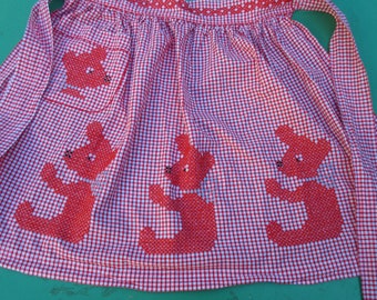 1950s Vintage Red and White Half Apron with Cross Stitch Pattern