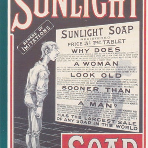 Reproduction Carte postale pour savon SunLight - vintage années 80 papier éphémère des années 1980.