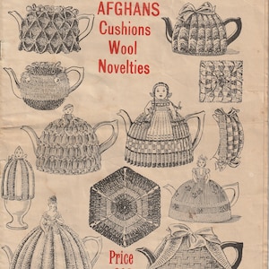 May include: Vintage advertisement for "Cosies" featuring illustrations of teapot cozies, afghans, cushions, and wool novelties. The text includes "Madame Weigel" and "Price 6d."
