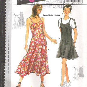 May include: A sewing pattern for a dress with two different styles. The first style is a long, floral print dress with thin straps. The second style is a shorter, black dress with thicker straps. The pattern is from Burda Style and is labelled "Super Easy".