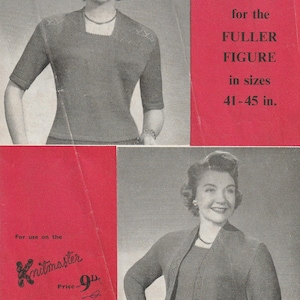 May include: Vintage image of a woman in a twin set, comprising a top and cardigan. The text on the image reads "Twin Set for the Fuller Figure in sizes 104-114 cm." The image is in black and white.