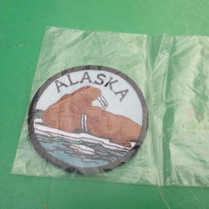 May include: A round, blue and white embroidered patch with the word "ALASKA" in black lettering. The patch features a brown and white walrus.
