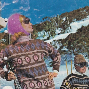 May include: Vintage illustration from "Ski Knits No. 3 by Villawool" featuring ski attire. The image shows two people in patterned sweaters, ski goggles, and pink trousers. The background depicts a snowy mountain scene. The price is 38c.