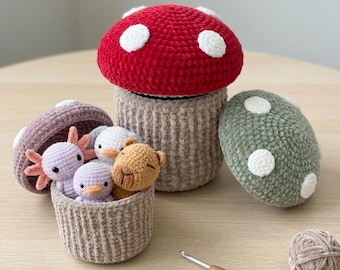 Haakpatroon voor een mandje met paddenstoelen en dieren (PDF), 5-in-1 amigurumi set (puppy, capibara, eend, axolotl), patroon voor een opbergmand, geschikt voor beginners.