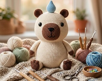 Haakpatroon voor een zittende capibara (PDF), amigurumi capibara-patroon, schattig gehaakt diertje (DIY), direct te downloaden.