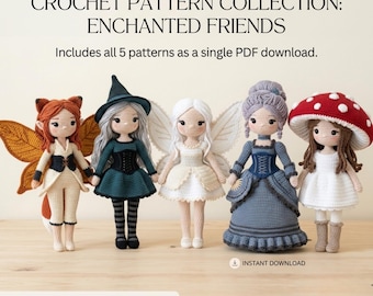 Pacchetto di 5 modelli all'uncinetto per fate, set di bambole amigurumi, fate stagionali in stile cottagecore, bambole per Natale, Halloween, primavera, estate e autunno, modello regalo