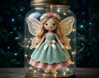 Wzór na szydełkową wróżkę w formacie PDF, wzór na lalkę wróżkę amigurumi, 10-calowa wróżka ze skrzydłami i włosami w sukience, samouczek robienia lalek na szydełku dla średnio zaawansowanych