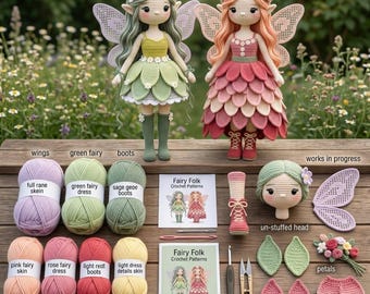 Zestaw wzorów na szydełkową lalkę wróżkę, 2 wróżki amigurumi, lalki z płatkami, fantastyczny wzór szydełkowy, natychmiastowe pobranie w języku angielskim, lalka Fairycore