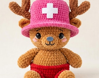 Schema per realizzare un amigurumi di Chopper all'uncinetto in formato PDF, tutorial per creare una bambola di peluche in stile anime, un simpatico giocattolo a forma di renna, un progetto fai-da-te adatto ai principianti, download immediato.