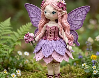 Haakpatroon voor een feeënpop met vlinder (PDF), patroon voor een heksenfee, schattig fantasiepopje (amigurumi), gevleugelde fee (haakpatroon), Luna Fairy