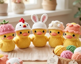 Haakpatroon voor een rubberen eendje zonder naaien (5-in-1 PDF-bundel) | Amigurumi eendje met verwisselbare paasmutsjes | Pluche patroon, geschikt voor beginners