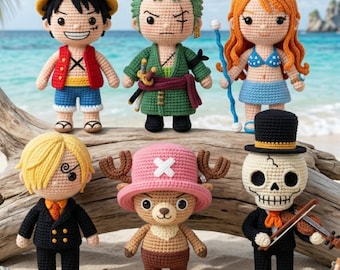 Pacchetto PDF con 6 modelli all'uncinetto a tema pirati, modelli per bambole amigurumi in stile anime, ispirati alla ciurma di Cappello di Paglia, modelli all'uncinetto di Luffy, Zoro, Nami, Chopper e Sanji.