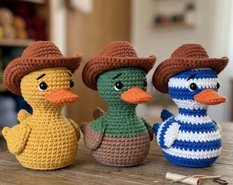 Haakpatroon voor eendjes zonder naaien (3-in-1) | Cowboy-eend amigurumi PDF | Beginnersvriendelijk patroon voor een pluche boerderijdier | Direct te downloaden