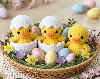 Haakpatroon voor eendje in een eierschaal (PDF) | Amigurumi eendje zonder naaien | Mini paasknuffel | Eenvoudig haakpatroon voor beginners