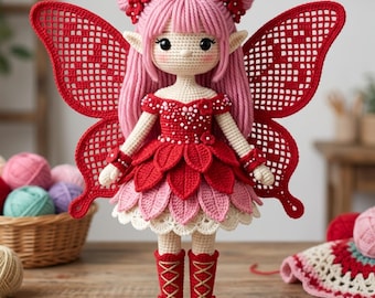 Haakpatroon voor een heksenfeeënpop met rozenblaadjes (PDF), schattig amigurumi feeënpopje, pop met bloemenjurk, fantasiepop met vleugels.