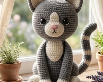 Realistisch haakpatroon voor een kat (PDF), Levensechte grijs-witte kat amigurumi, Patroon voor een zittend pluche kitten, Haakpatroon voor een dier, Beginnersvriendelijk