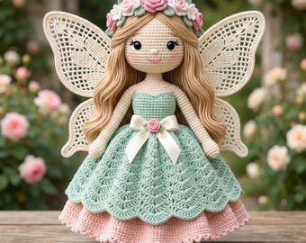 Schema PDF per realizzare una fata all'uncinetto, schema per bambola fata amigurumi, fata da 25 cm con ali, vestito e capelli, tutorial per bambola all'uncinetto di livello intermedio