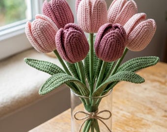 Schema per tulipano all'uncinetto | Tutorial per bouquet di fiori realistico | Fiori all'uncinetto facili per principianti | Decorazione primaverile fai da te | Tulipano amigurumi fatto a mano