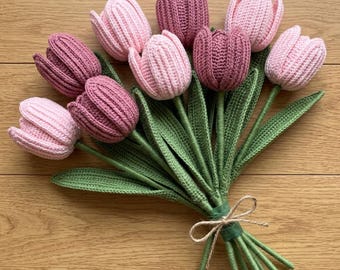 Schema per tulipano all'uncinetto in PDF | Tutorial per un bouquet di tulipani realistico | Fiori all'uncinetto facili per principianti | Regalo primaverile fai da te | Decorazione floreale fatta a mano