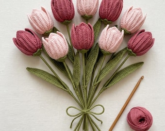 Schema PDF per tulipano all'uncinetto | Tutorial per bouquet di tulipani realistico | Fiore all'uncinetto facile per principianti | Regalo fai da te per lei | Decorazione floreale primaverile
