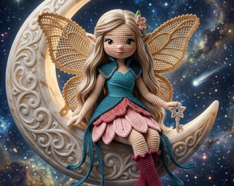 Haakpatroon voor een maanlichtfee-pop (PDF) – Seleneia Amigurumi-pop, fantasiefee-knuffel, 5 talen, haakpatroon voor gevorderden