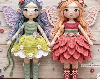 Haakpatroon voor een heksenfee-pop, inclusief 2 amigurumi-patronen voor feeënpoppen, fantasiepoppen met een jurk van bloemblaadjes en een haakpatroon voor een gevleugelde fee.