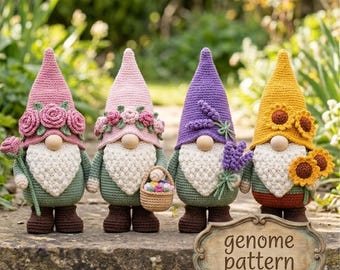 Pacchetto di schemi per gnomi all'uncinetto in formato PDF | 4 gnomi floreali stagionali (tulipano, rosa, lavanda, girasole) | Amigurumi da giardino | Bambole di peluche in piedi
