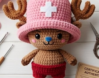 Schema all'uncinetto ispirato a Chopper in formato PDF | Bambola di peluche amigurumi in stile anime | Giocattolo all'uncinetto a bassa cucitura | Peluche Kawaii carino | Regalo fai da te adatto ai principianti