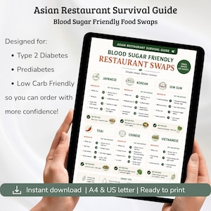 Peut inclure: Guide numérique "Asian Restaurant Survival Guide" avec "Blood Sugar Friendly Food Swaps" sur une tablette. Conçu pour le diabète de type 2, le prédiabète et les régimes pauvres en glucides. Propose des alternatives alimentaires.