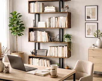 5-tier Rustic Brown Bookshelf | S-shaped Geometric Bookcase | Modern Industrial Room Divider | Decorative Storage Rack | Open Shelf Display