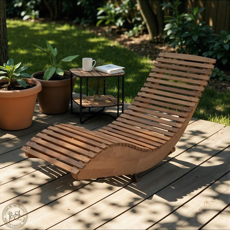 Op de afbeelding: Een houten chaise longue voor buiten met een gebogen ontwerp. De chaise longue is gemaakt van lichtbruine houten latten en staat op een houten terras. Een kleine bijzettafel met een mok en een boek staat in de buurt, samen met potplanten.